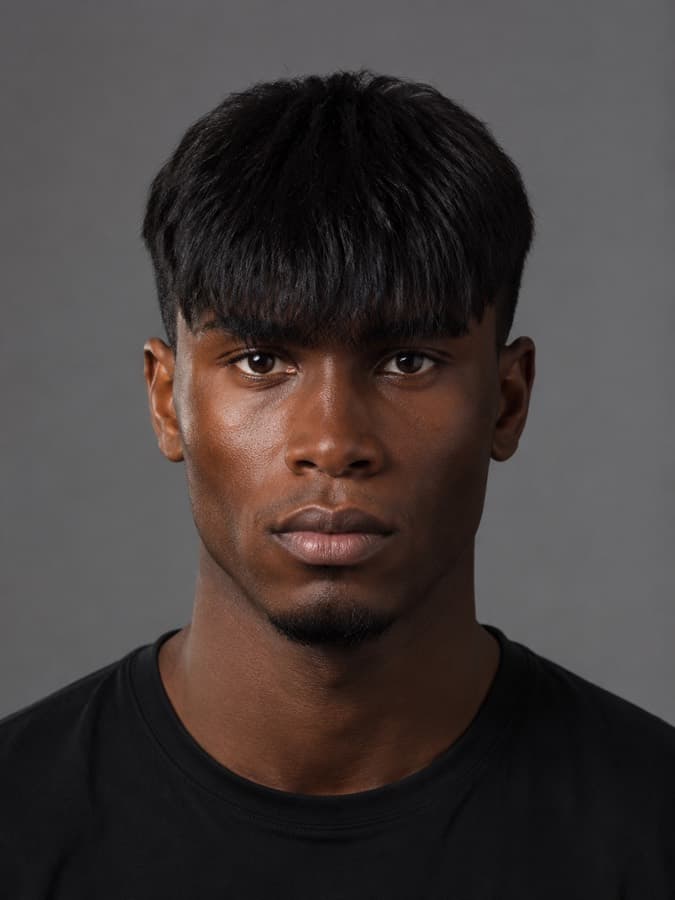 Blunt fringe — Hair forward, cut level at the brow.