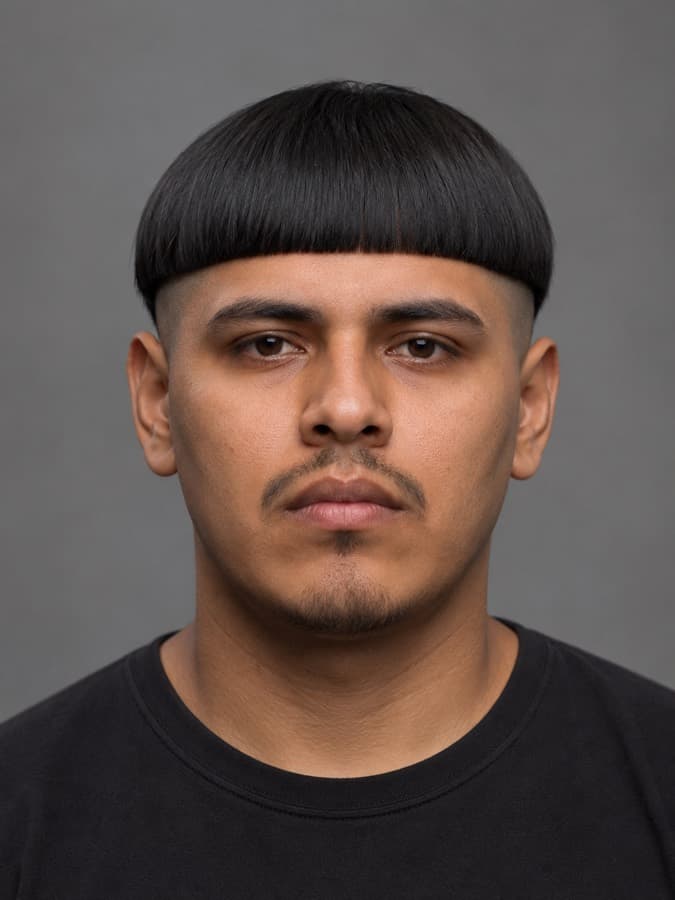 Bowl cut — Heavy round top, shaved underneath.