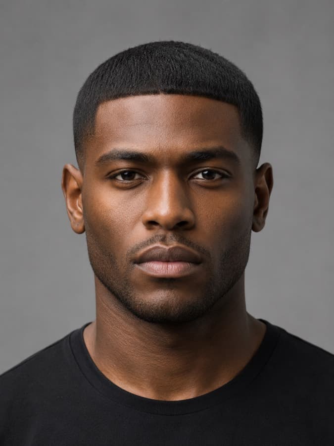 Caesar cut — Short, combed forward, fringe flat to the forehead.