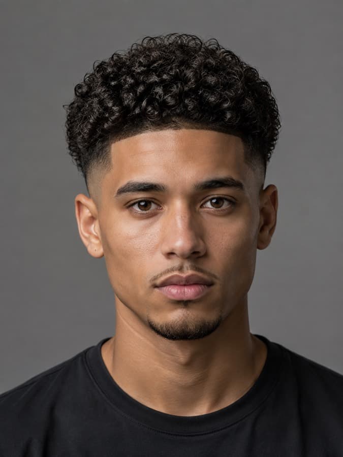 Curly top with a fade — Curl kept on top, faded clean at the sides.