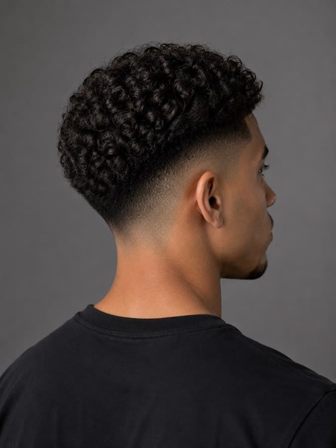 Curly top with a fade, back view