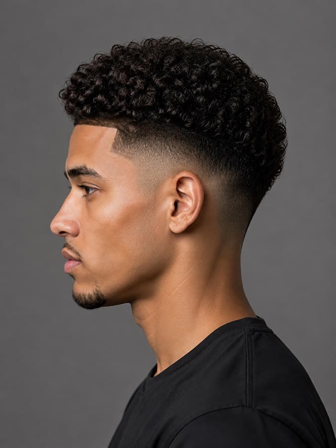 Curly top with a fade, side view