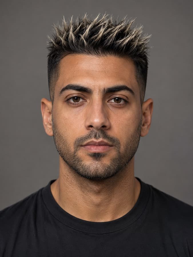 Frosted tips — Short spiky top, ends bleached blonde.