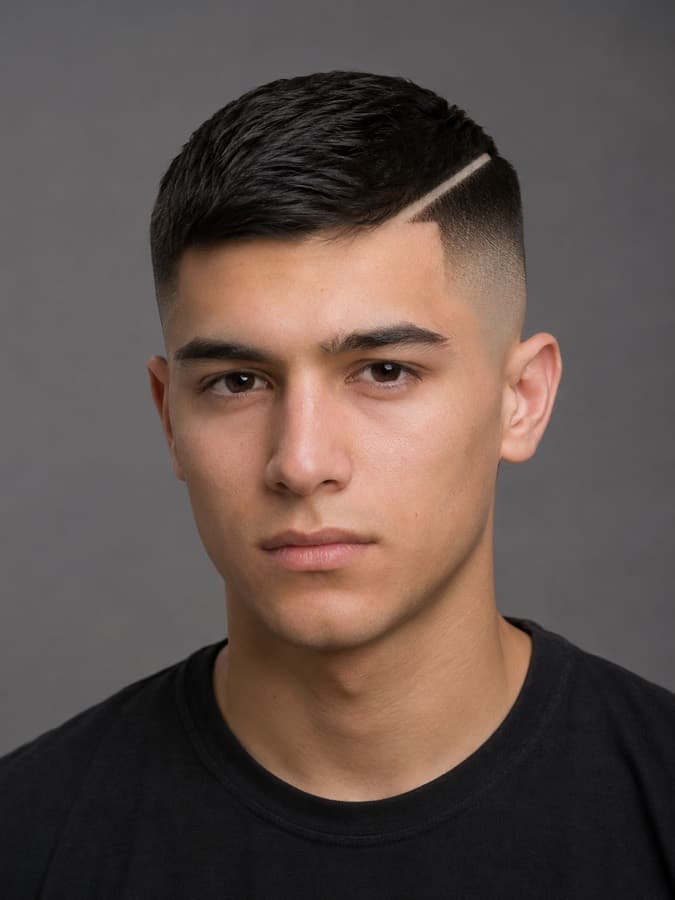 Hard part design — Short cut with shaved line work at the temple.