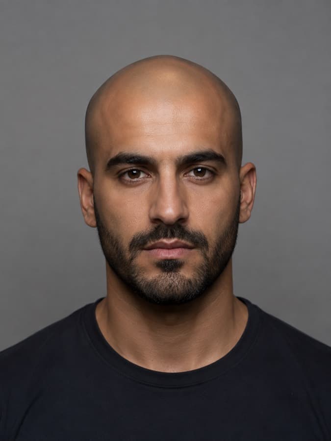 Shaved head — Nothing left. Razor to the scalp.