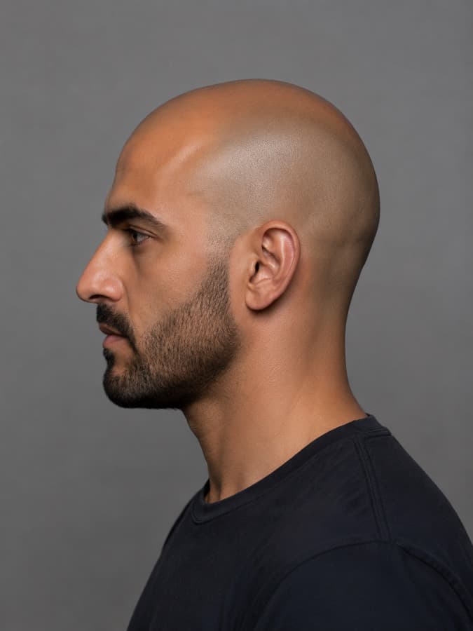 Shaved head, side view