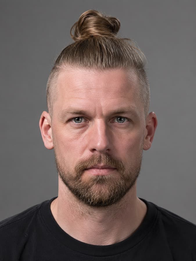 Top knot — Long top tied high, short sides underneath.